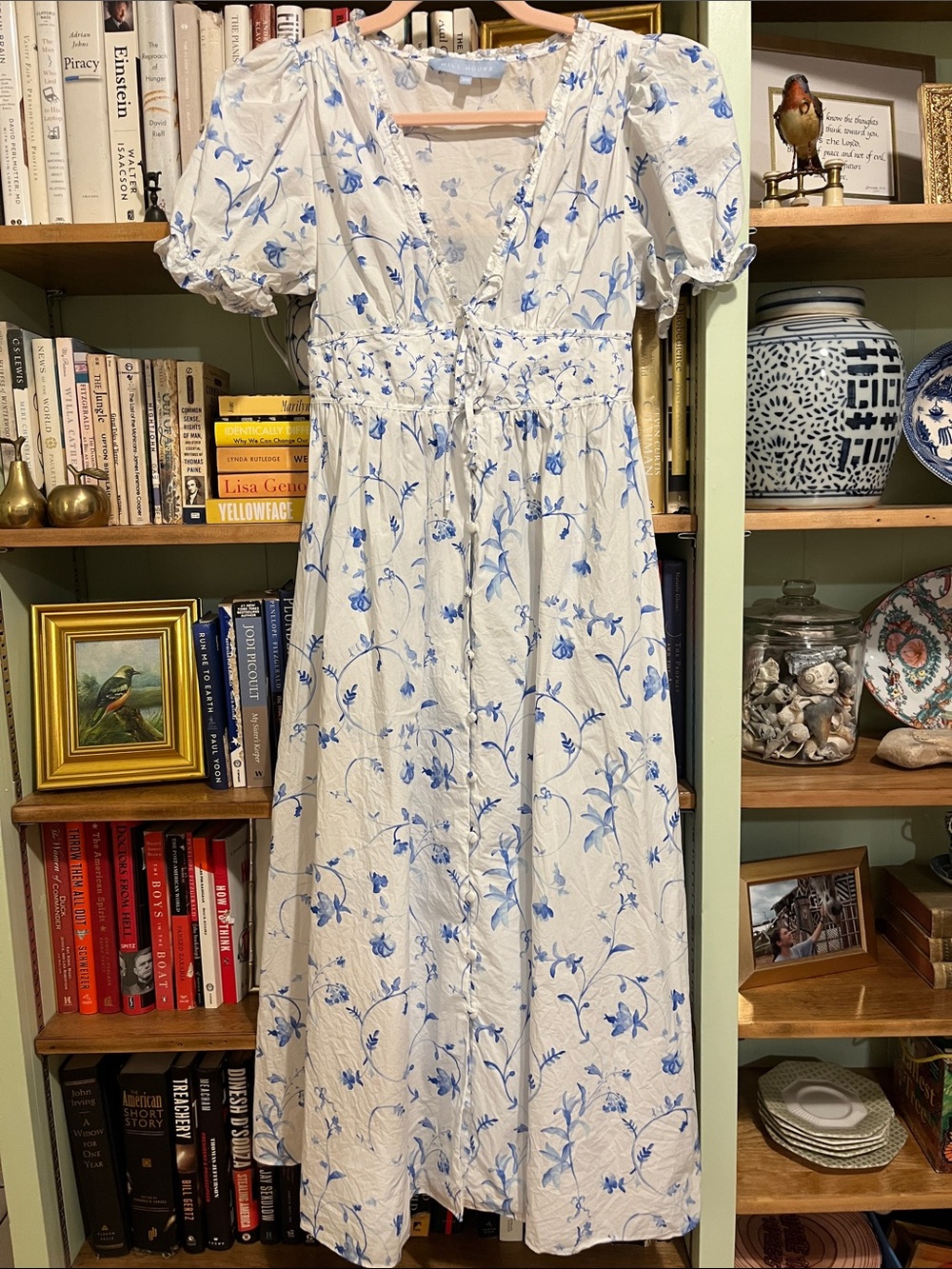 Hill House Sabrina White Midi Dress with Blue Floral Print